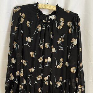 Ophelia Roe Women's Floral Print Black Dress 1X Long Sleeves Ruffles Sheer